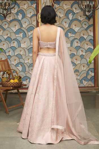 Shop_Meenagurnam_Pink Net Sweetheart Neck Embellished And Woven Lehenga Set _at_Aza_Fashions