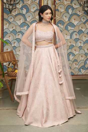 Buy_Meenagurnam_Pink Net Sweetheart Neck Embellished And Woven Lehenga Set _Online_at_Aza_Fashions