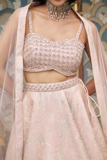 Shop_Meenagurnam_Pink Net Sweetheart Neck Embellished And Woven Lehenga Set _Online_at_Aza_Fashions