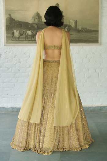 Shop_Meenagurnam_Gold Net Scoop Neck Geometric Embroidered Lehenga Set _at_Aza_Fashions