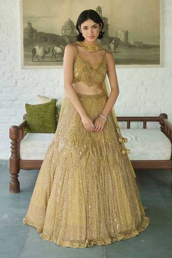 Meenagurnam_Gold Net Scoop Neck Geometric Embroidered Lehenga Set _Online_at_Aza_Fashions