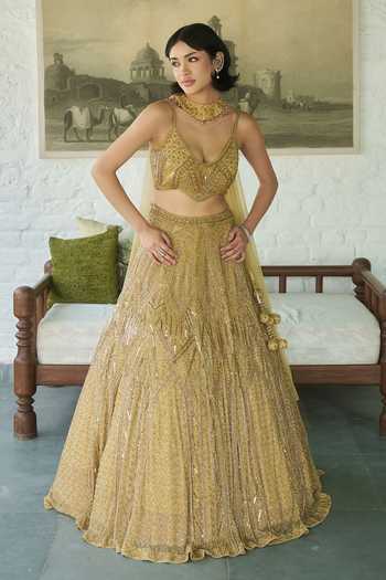 Buy_Meenagurnam_Gold Net Scoop Neck Geometric Embroidered Lehenga Set _at_Aza_Fashions