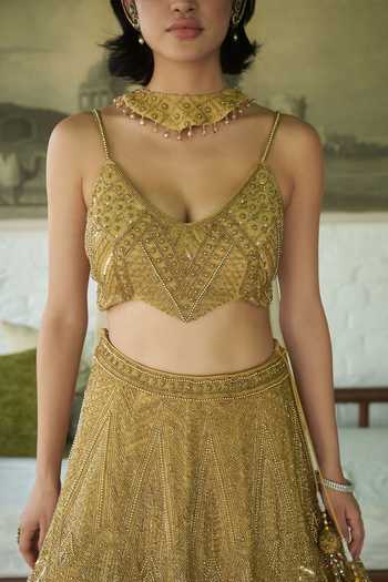 Buy_Meenagurnam_Gold Net Scoop Neck Geometric Embroidered Lehenga Set _Online_at_Aza_Fashions