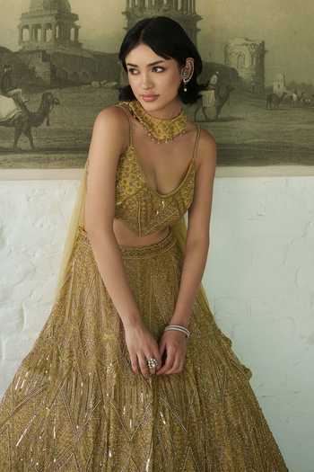 Shop_Meenagurnam_Gold Net Scoop Neck Geometric Embroidered Lehenga Set _Online_at_Aza_Fashions