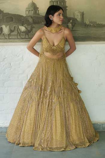 Meenagurnam_Gold Net Scoop Neck Geometric Embroidered Lehenga Set _at_Aza_Fashions
