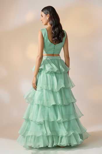 Shop_Ewoke_Green Organza V-neck 3d Floral Embroidered Blouse And Lehenga Set _at_Aza_Fashions