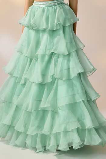 Ewoke_Green Organza V-neck 3d Floral Embroidered Blouse And Lehenga Set _Online_at_Aza_Fashions