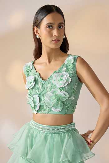 Buy_Ewoke_Green Organza V-neck 3d Floral Embroidered Blouse And Lehenga Set _Online_at_Aza_Fashions