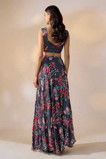 Shop_Ewoke_Blue Georgette, Satin Square Neck Floral Print Skirt Set _at_Aza_Fashions