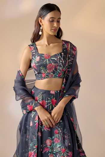 Ewoke_Blue Georgette, Satin Square Neck Floral Print Skirt Set _Online_at_Aza_Fashions