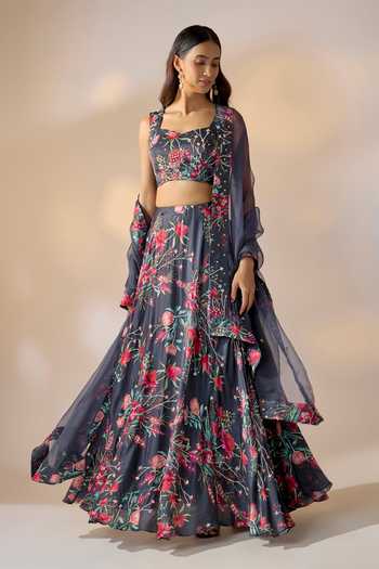 Buy_Ewoke_Blue Georgette, Satin Square Neck Floral Print Skirt Set _at_Aza_Fashions