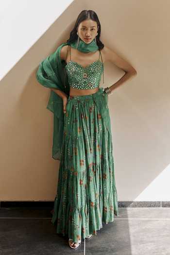 Buy_Ewoke_Green Crepe Sweetheart Neck Floral Print Skirt Set _at_Aza_Fashions