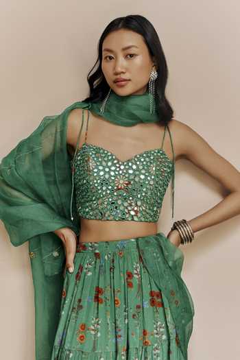 Shop_Ewoke_Green Crepe Sweetheart Neck Floral Print Skirt Set _at_Aza_Fashions