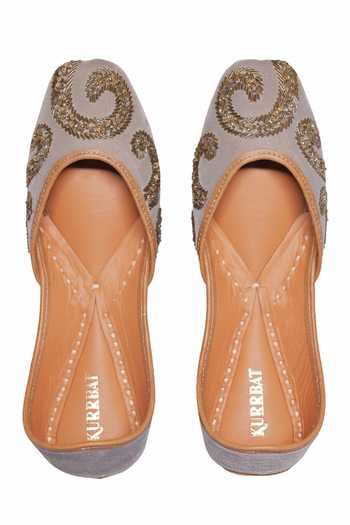 Kurrbat_Grey Shadows Velvet Embroidered Juttis _at_Aza_Fashions