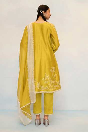 Shop_AM by Anita Mittal_Green Silk, Chanderi Round Neck Seher Anarkali Pant Set _at_Aza_Fashions