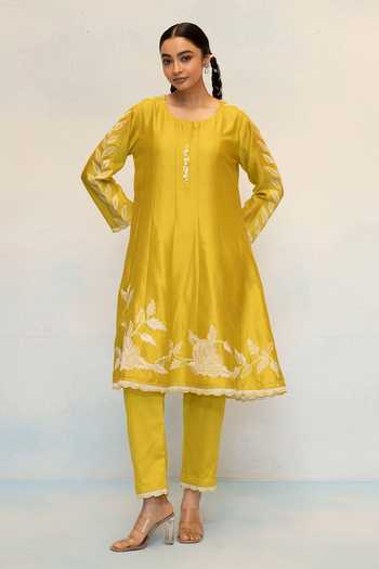 Shop_AM by Anita Mittal_Green Silk, Chanderi Round Neck Seher Anarkali Pant Set _Online_at_Aza_Fashions