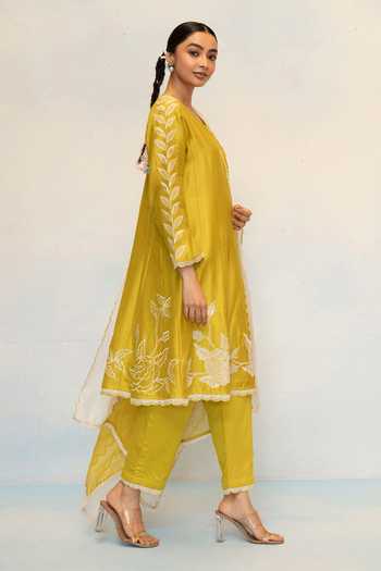 Shop_AM by Anita Mittal_Green Silk, Chanderi Round Neck Seher Anarkali Pant Set _Online