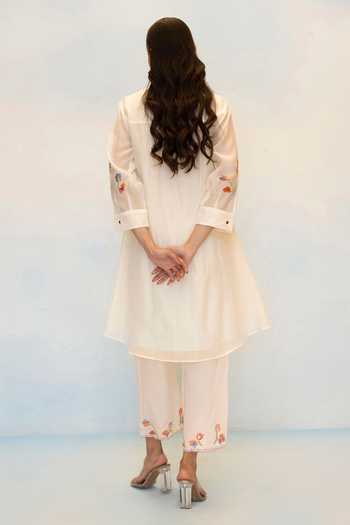 Shop_AM By Anita Mittal_White Chanderi Collared Neck, Yes Aab Cord Embroidered Kurta And Pant Set _at_Aza_Fashions