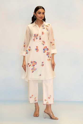 AM By Anita Mittal_White Chanderi Collared Neck, Yes Aab Cord Embroidered Kurta And Pant Set _Online_at_Aza_Fashions