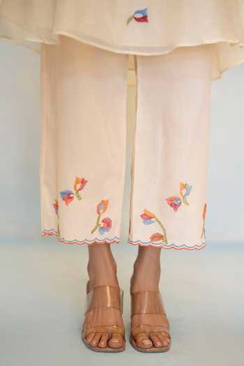 AM By Anita Mittal_White Chanderi Collared Neck, Yes Aab Cord Embroidered Kurta And Pant Set _at_Aza_Fashions