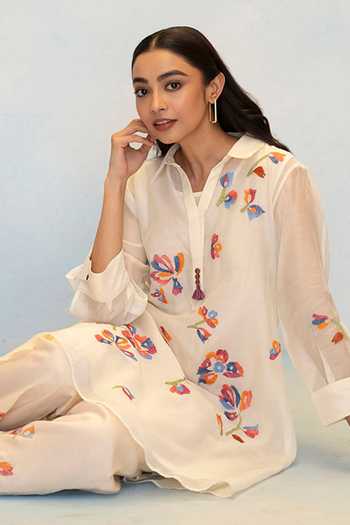 Buy_AM By Anita Mittal_White Chanderi Collared Neck, Yes Aab Cord Embroidered Kurta And Pant Set 