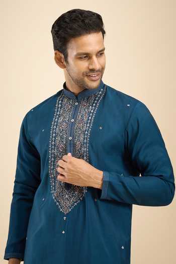 Buy_Arihant Rai Sinha_Blue Silk, Viscose, Polyester Placket Embroidered Kurta Set _Online_at_Aza_Fashions