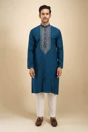 Shop_Arihant Rai Sinha_Blue Silk, Viscose, Polyester Placket Embroidered Kurta Set _Online_at_Aza_Fashions