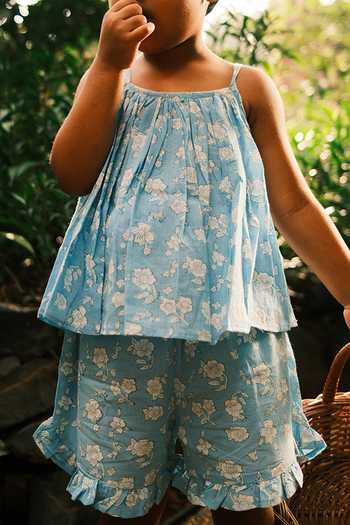 Shop_Love The World Today_Blue Cotton Blossom Spaghetti Top And Shorts Set _at_Aza_Fashions