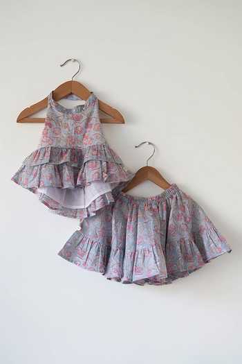 Buy_Love The World Today_Blue Cotton Butterfly Halter Neck Top And Skirt Set _at_Aza_Fashions