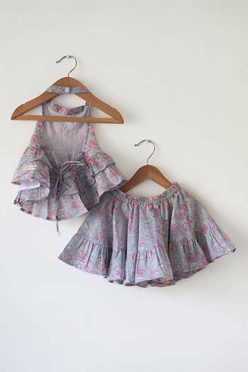 Buy_Love The World Today_Blue Cotton Butterfly Halter Neck Top And Skirt Set _Online_at_Aza_Fashions