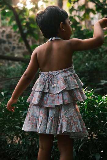 Shop_Love The World Today_Blue Cotton Butterfly Halter Neck Top And Skirt Set _at_Aza_Fashions