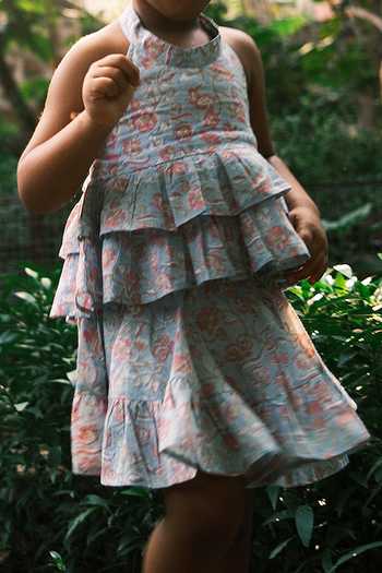 Love The World Today_Blue Cotton Butterfly Halter Neck Top And Skirt Set 