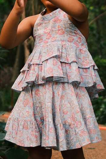 Love The World Today_Blue Cotton Butterfly Halter Neck Top And Skirt Set 