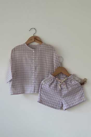 Love The World Today_Purple Cotton Shared Secrets Printed Shorts Set _Online