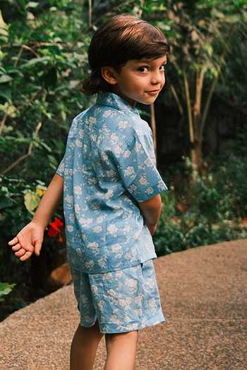 Shop_Love The World Today_Blue Cotton Boogie Shirt And Shorts Set _at_Aza_Fashions