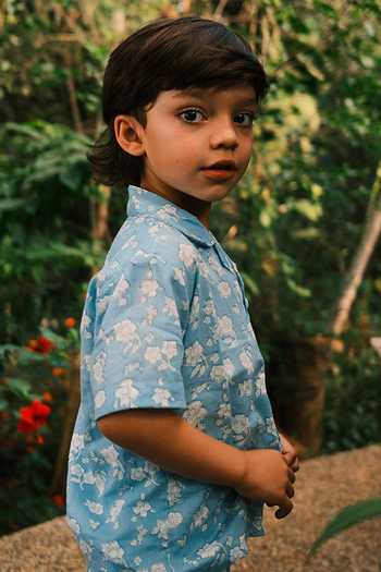 Love The World Today_Blue Cotton Boogie Shirt And Shorts Set _at_Aza_Fashions
