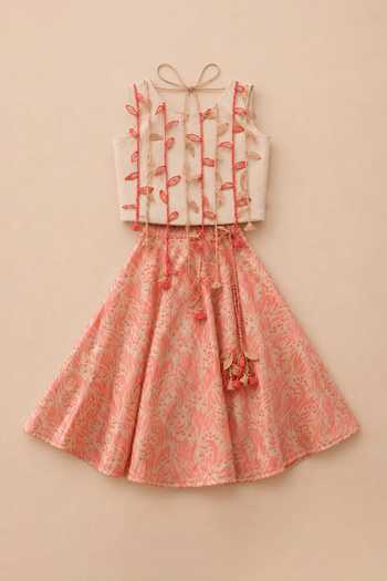 MI Dulce AN'YA_Pink Cotton, Chanderi, Tissue Leaf Tassel Lehenga Set _Online_at_Aza_Fashions