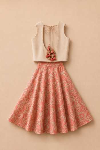 Shop_MI Dulce AN'YA_Pink Cotton, Chanderi, Tissue Leaf Tassel Lehenga Set _at_Aza_Fashions