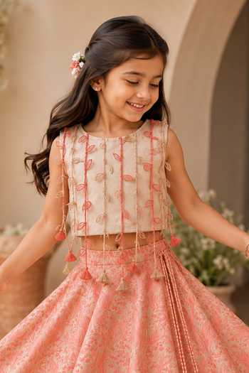 Buy_MI Dulce AN'YA_Pink Cotton, Chanderi, Tissue Leaf Tassel Lehenga Set _Online_at_Aza_Fashions