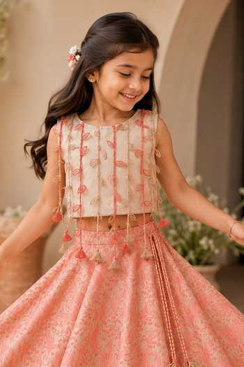 Shop_MI Dulce AN'YA_Pink Cotton, Chanderi, Tissue Leaf Tassel Lehenga Set _Online_at_Aza_Fashions