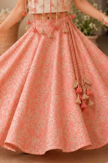 MI Dulce AN'YA_Pink Cotton, Chanderi, Tissue Leaf Tassel Lehenga Set _at_Aza_Fashions