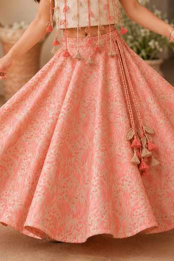 Buy_MI Dulce AN'YA_Pink Cotton, Chanderi, Tissue Leaf Tassel Lehenga Set 