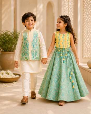 Shop_MI Dulce AN'YA_Green Cotton, Chanderi, Tissue Mint Leaf Tassel Lehenga And Top Set _Online_at_Aza_Fashions