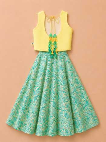 Shop_MI Dulce AN'YA_Green Cotton, Chanderi, Tissue Mint Leaf Tassel Lehenga And Top Set _at_Aza_Fashions