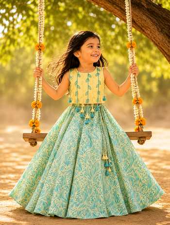 MI Dulce AN'YA_Green Cotton, Chanderi, Tissue Mint Leaf Tassel Lehenga And Top Set _at_Aza_Fashions