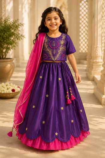 MI Dulce AN'YA_Purple Cotton, Chanderi Embroidered Lehenga And Top Set _Online_at_Aza_Fashions