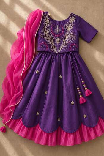 Buy_MI Dulce AN'YA_Purple Cotton, Chanderi Embroidered Lehenga And Top Set _Online_at_Aza_Fashions