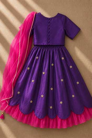 Shop_MI Dulce AN'YA_Purple Cotton, Chanderi Embroidered Lehenga And Top Set _at_Aza_Fashions