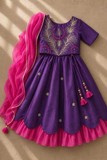 Shop_MI Dulce AN'YA_Purple Cotton, Chanderi Embroidered Lehenga And Top Set _Online_at_Aza_Fashions