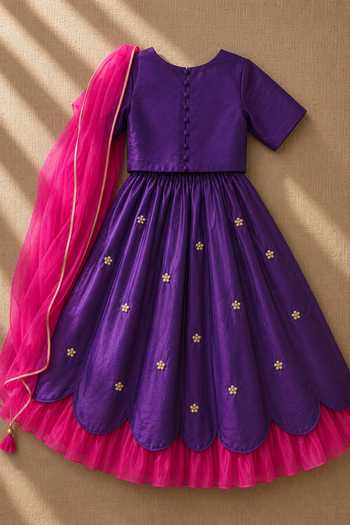 MI Dulce AN'YA_Purple Cotton, Chanderi Embroidered Lehenga And Top Set _at_Aza_Fashions